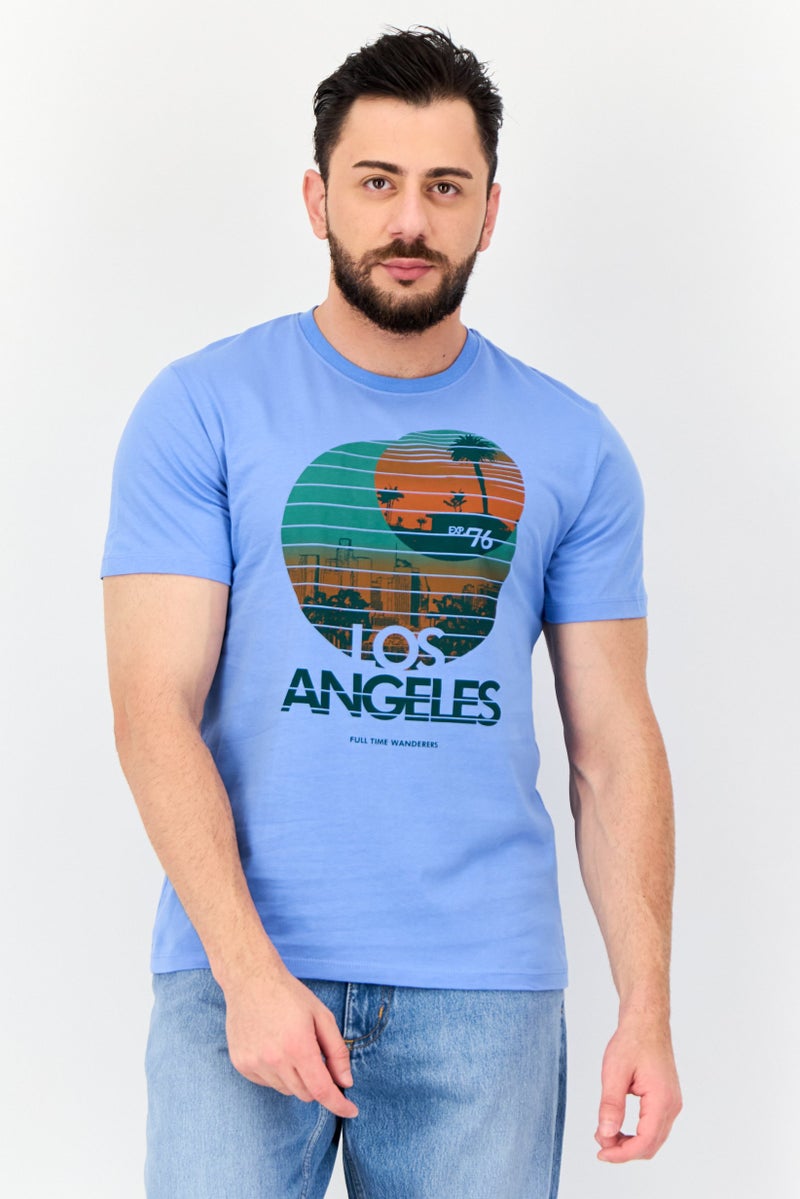 Celio Men Crew Neck Short Sleeve Graphic Print T-Shirt, Blue - Image 1